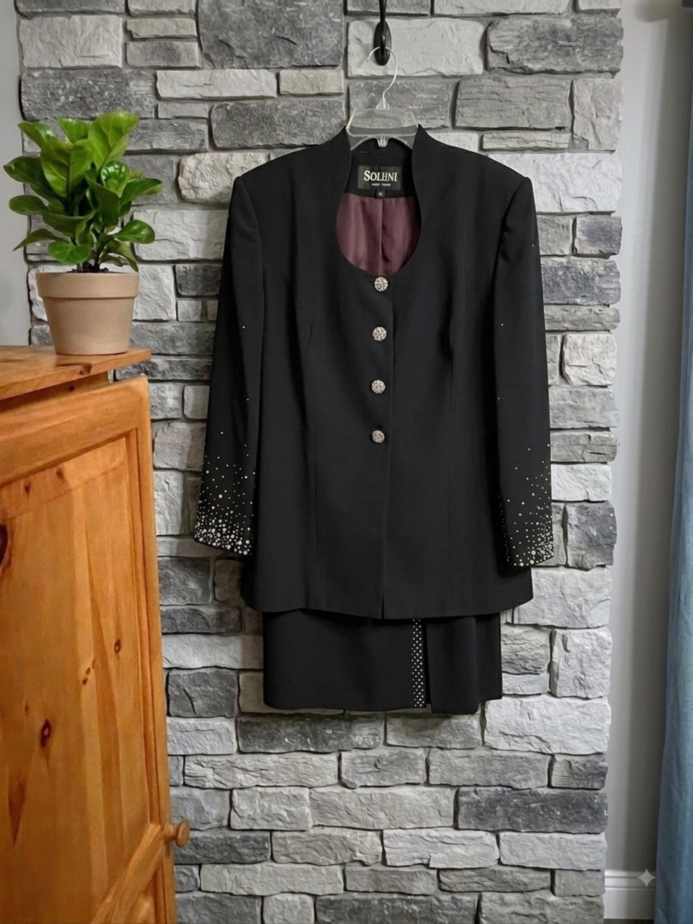 SOLINI 3PC quiet Luxury black First Lady Skirt Suit w Rhinestones Plus SZ 24 - Picture 6 of 13